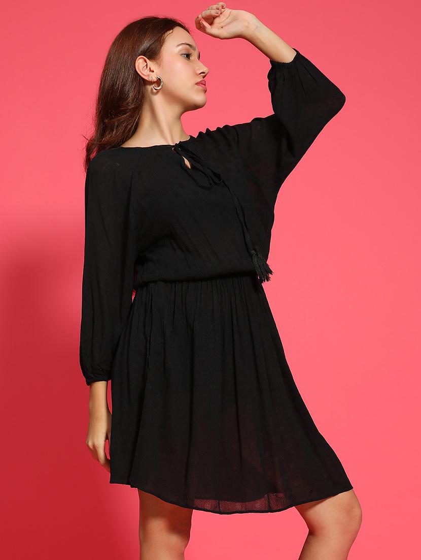 women solid tie up neck fit & flare dress - 21705515 - Standard Image - 1