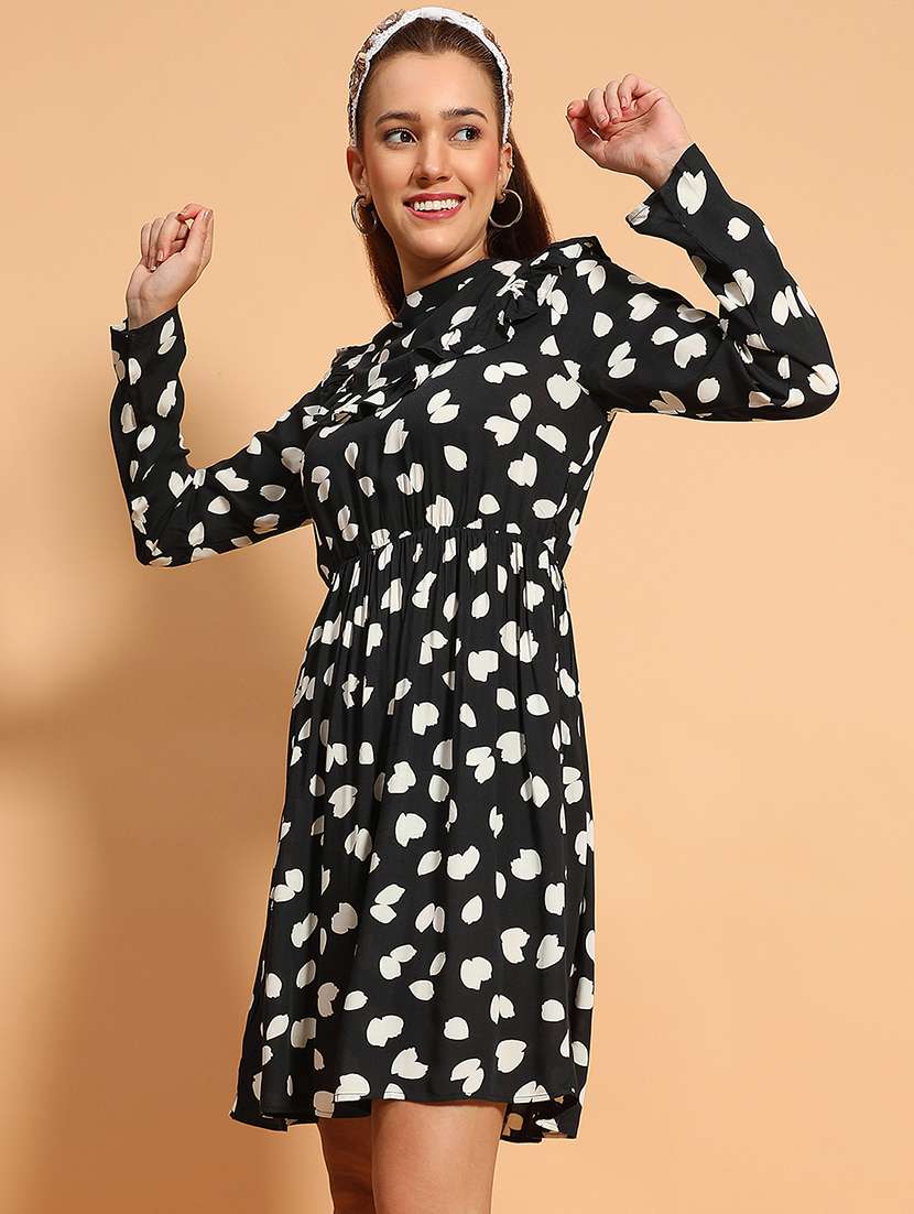 Womeb Black Printed Long Sleeve Fit & Flare Dress - 21705521 -  Standard Image - 1