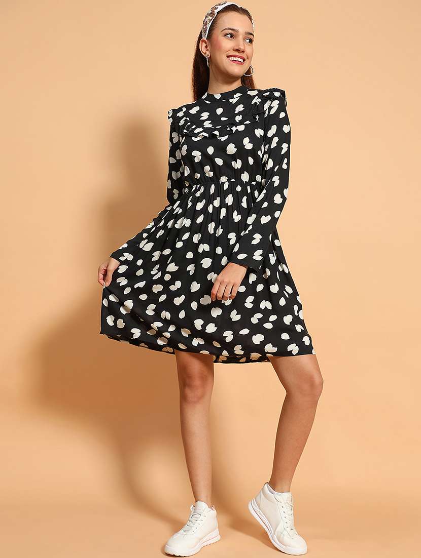 Womeb Black Printed Long Sleeve Fit & Flare Dress - 21705521 -  Standard Image - 4