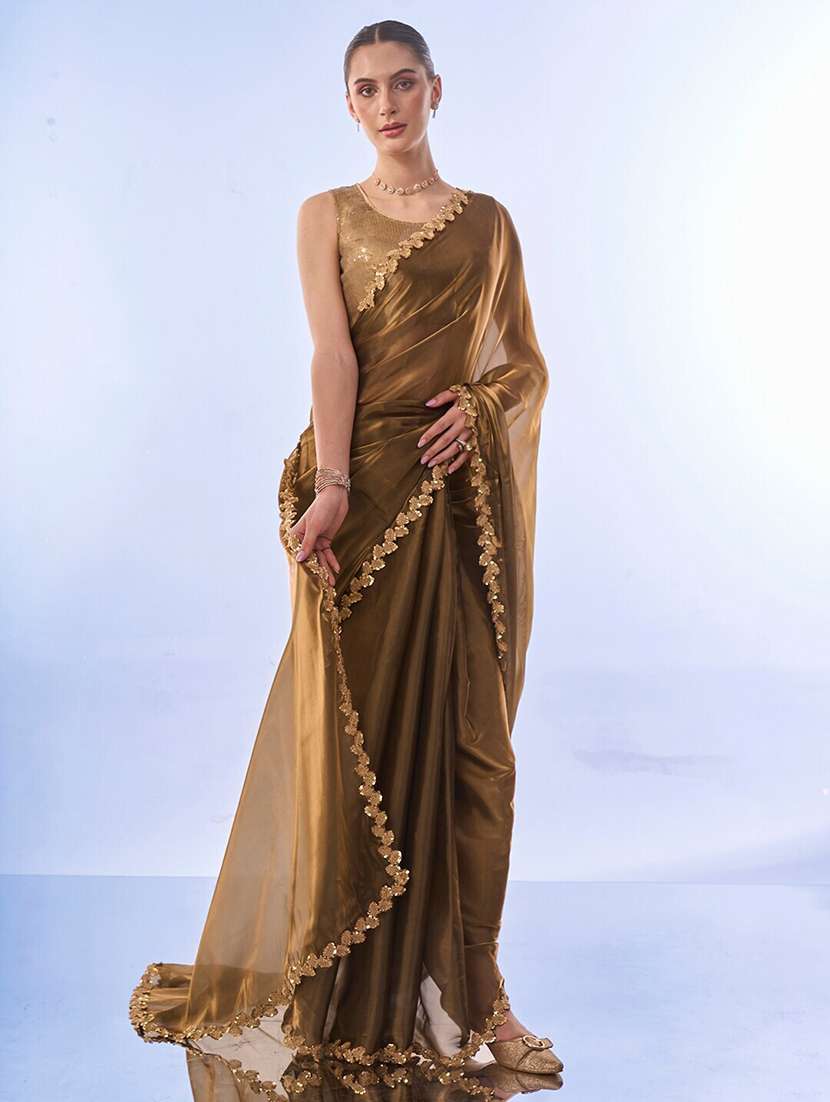 women plain sequin lace work saree with blouse