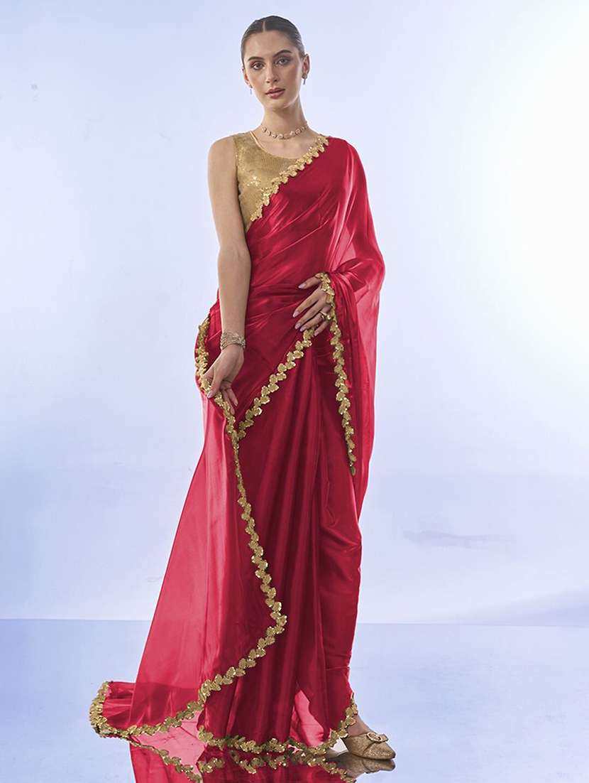 women plain sequin lace work saree with blouse