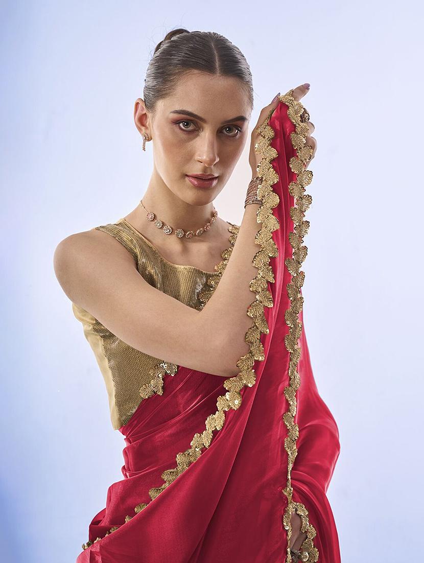 women plain sequin lace work saree with blouse - 21705537 - Standard Image - 4