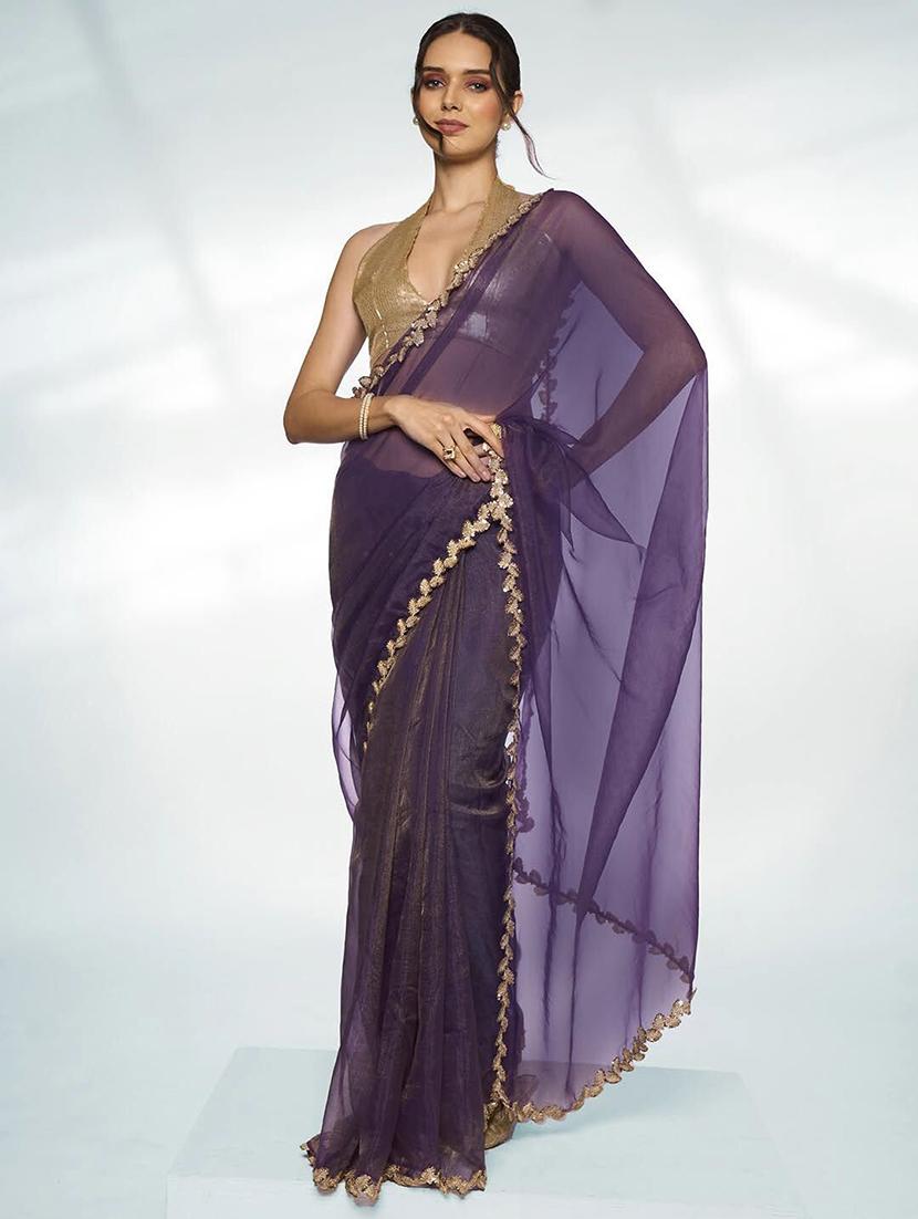 women plain sequin lace work saree with blouse - 21705538 - Zoom Image - 0