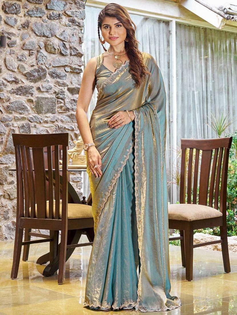 women light blue embellished saree with blouse