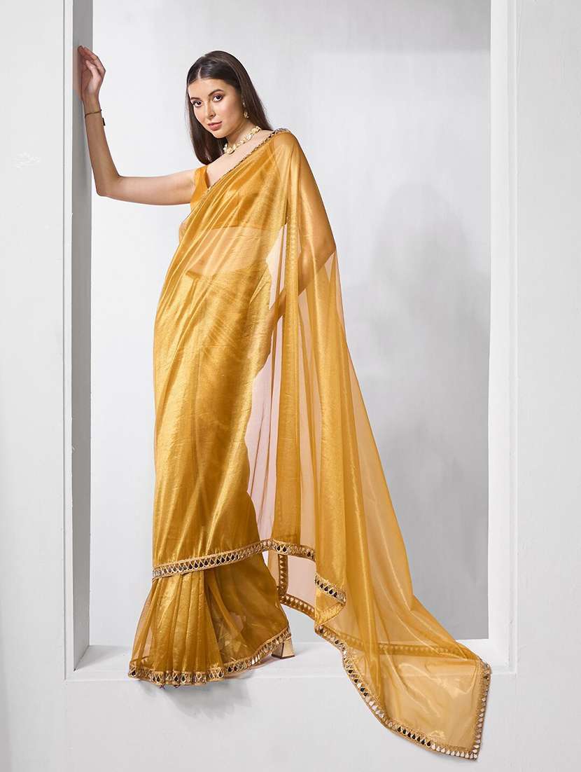 women plain mirror lace work saree with blouse