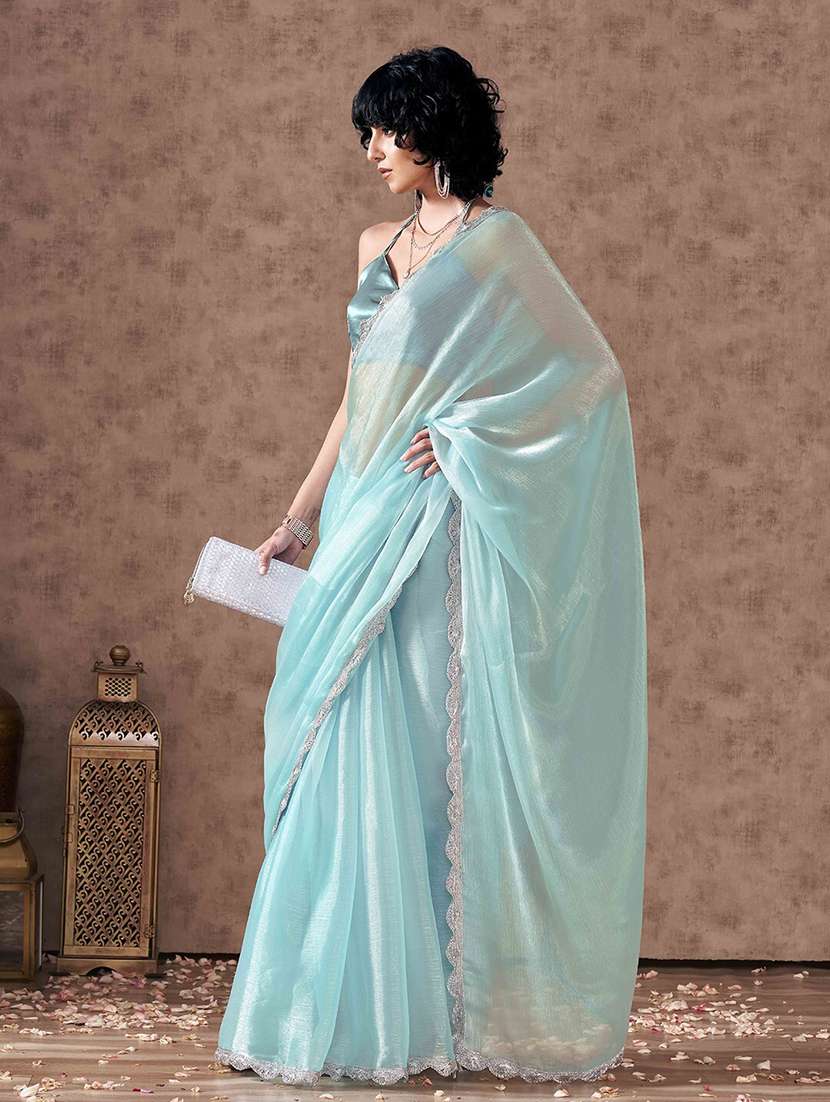women light blue plain lace work saree with blouse - 21705558 - Standard Image - 1