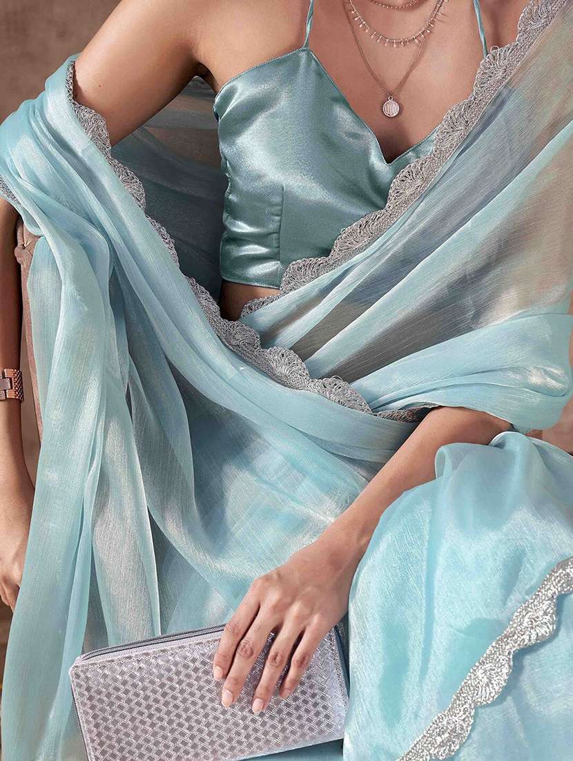 women light blue plain lace work saree with blouse - 21705558 - Standard Image - 4