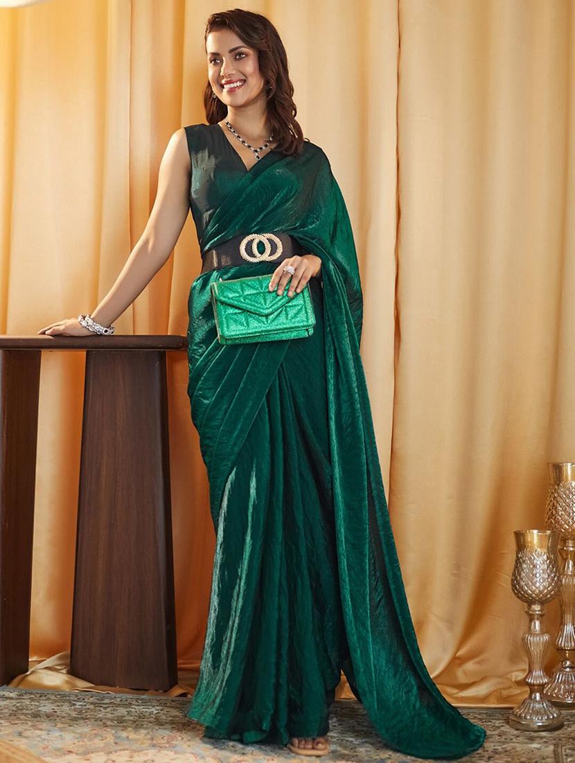 women bottle green solid saree with blouse - 21705576 -  Standard Image - 1