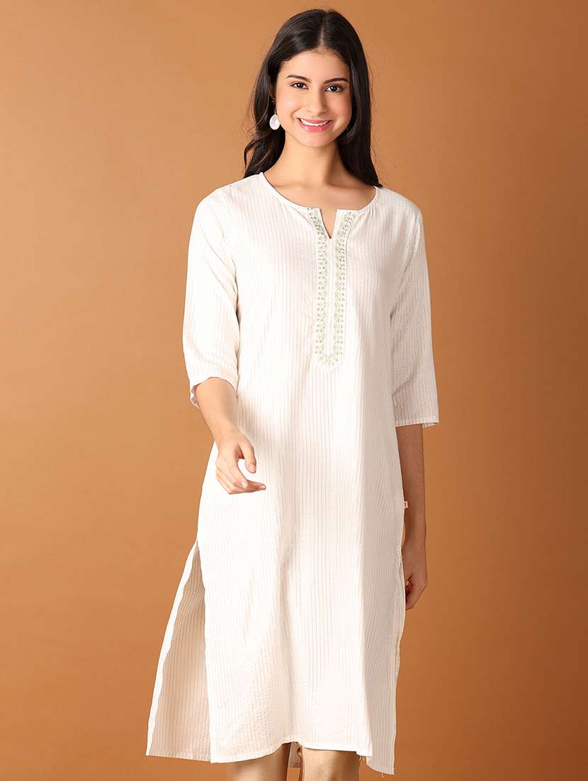 women stripes notch neck straight kurta