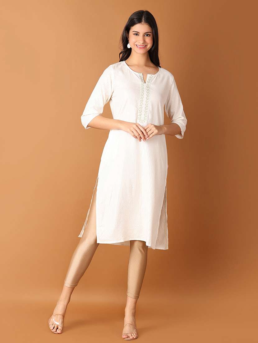 women stripes notch neck straight kurta - 21705596 -  Standard Image - 4