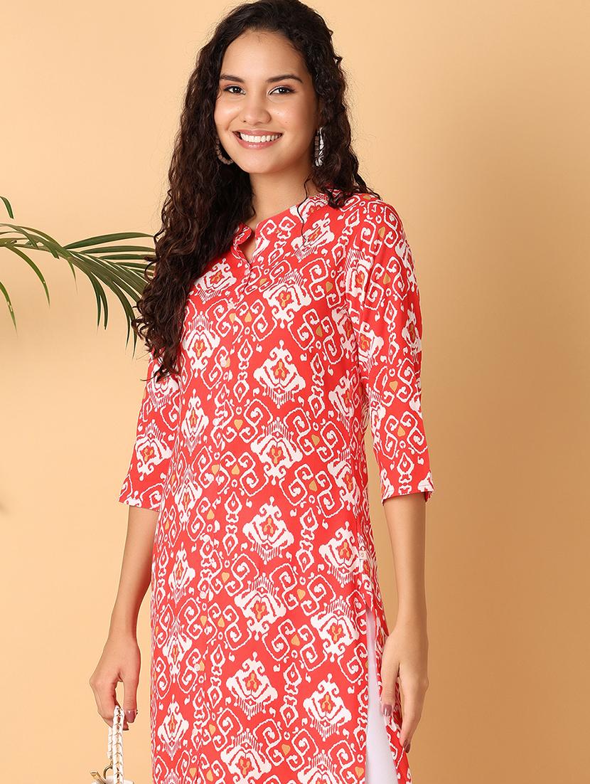 women red printed mandarin neck straight kurta - 21705597 - Standard Image - 1