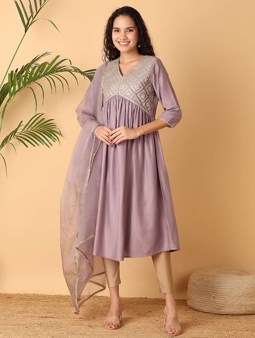 women mirror work v neck a-line kurta - 21705599 -  Standard Image - 1