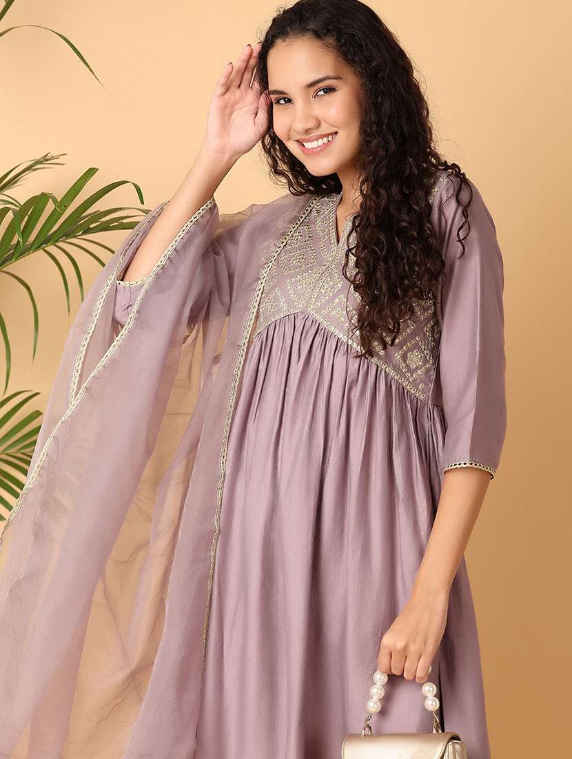 women mirror work v neck a-line kurta - 21705599 -  Standard Image - 4