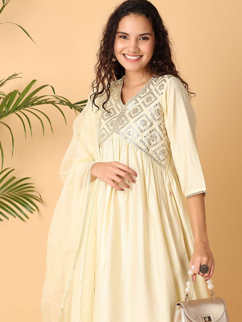 women mirror work v neck a-line kurta - 21705600 -  Standard Image - 1