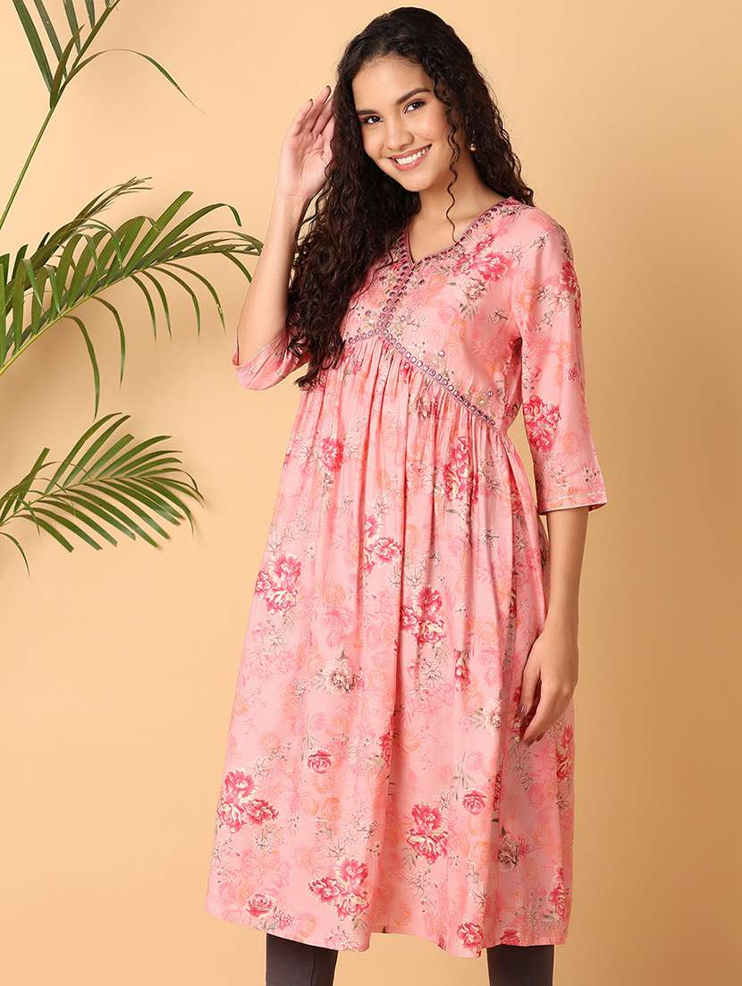 women floral printed v neck flared kurta - 21705601 -  Standard Image - 1