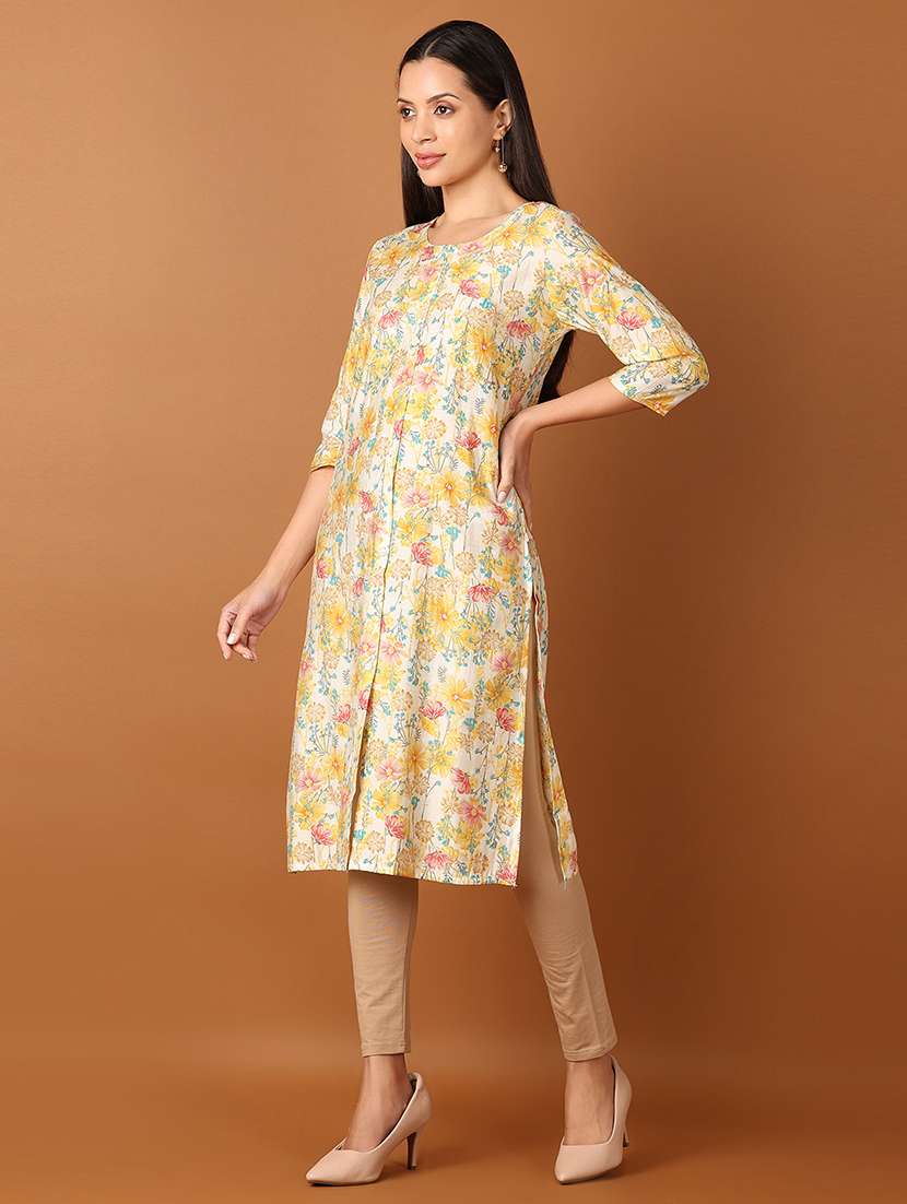 women floral printed three quarter sleeve straight kurta - 21705605 -  Standard Image - 1