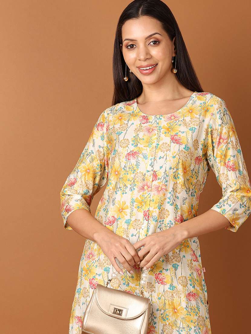 women floral printed three quarter sleeve straight kurta - 21705605 -  Standard Image - 4