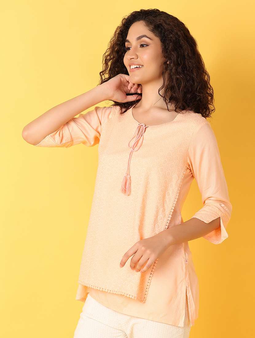 women peach embroidered layered top - 21705612 -  Standard Image - 1