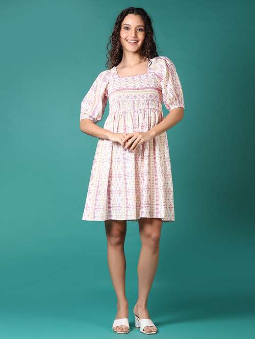 women printed puff sleeves fit & flare dress - 21705621 - Standard Image - 0
