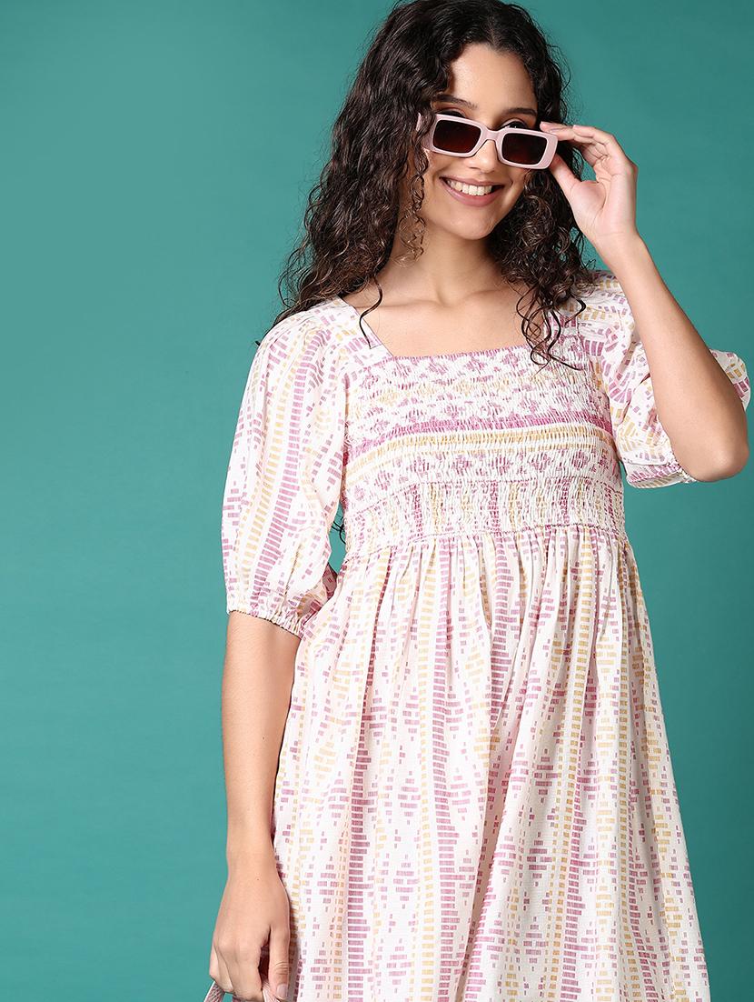 women printed puff sleeves fit & flare dress - 21705621 - Standard Image - 4