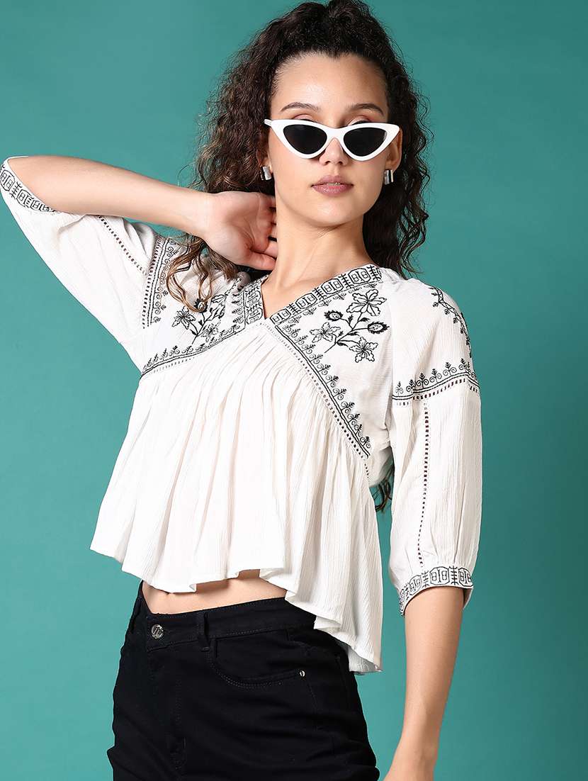 women embroidered puff sleeves a-line top - 21705624 -  Standard Image - 1