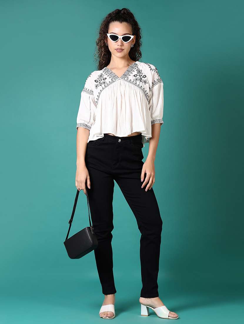women embroidered puff sleeves a-line top - 21705624 -  Standard Image - 4