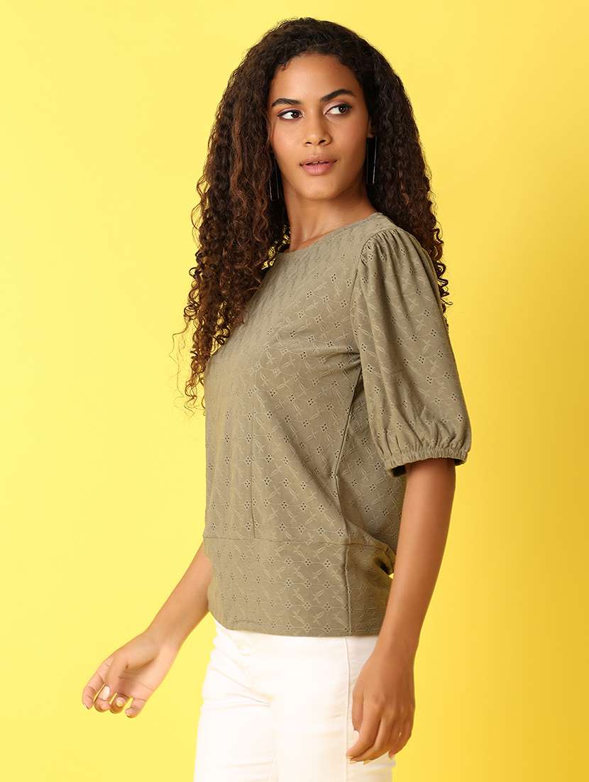 women solid cut out detailed puff sleeves top - 21705668 -  Standard Image - 1