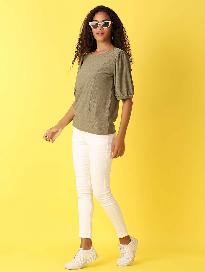 women solid cut out detailed puff sleeves top - 21705668 -  Standard Image - 4