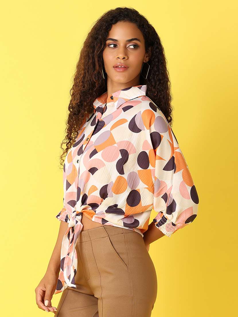 women printed collared puff sleeves shirt - 21705673 -  Standard Image - 1