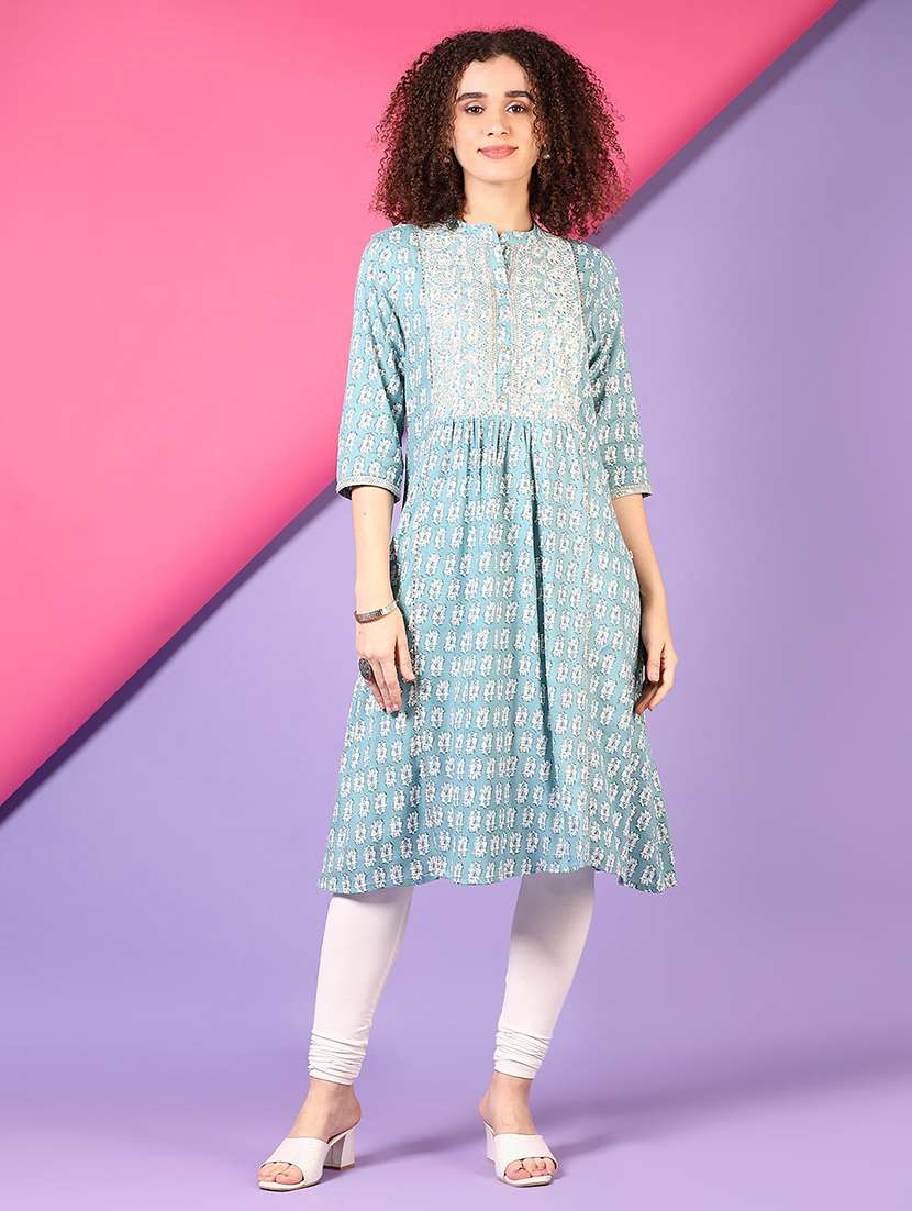 women printed three quarter sleeve a-line kurta