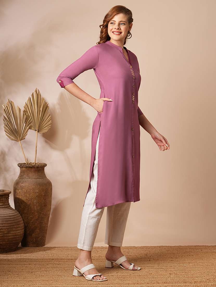women solid three quarter sleeve straight kurta - 21707203 -  Standard Image - 1