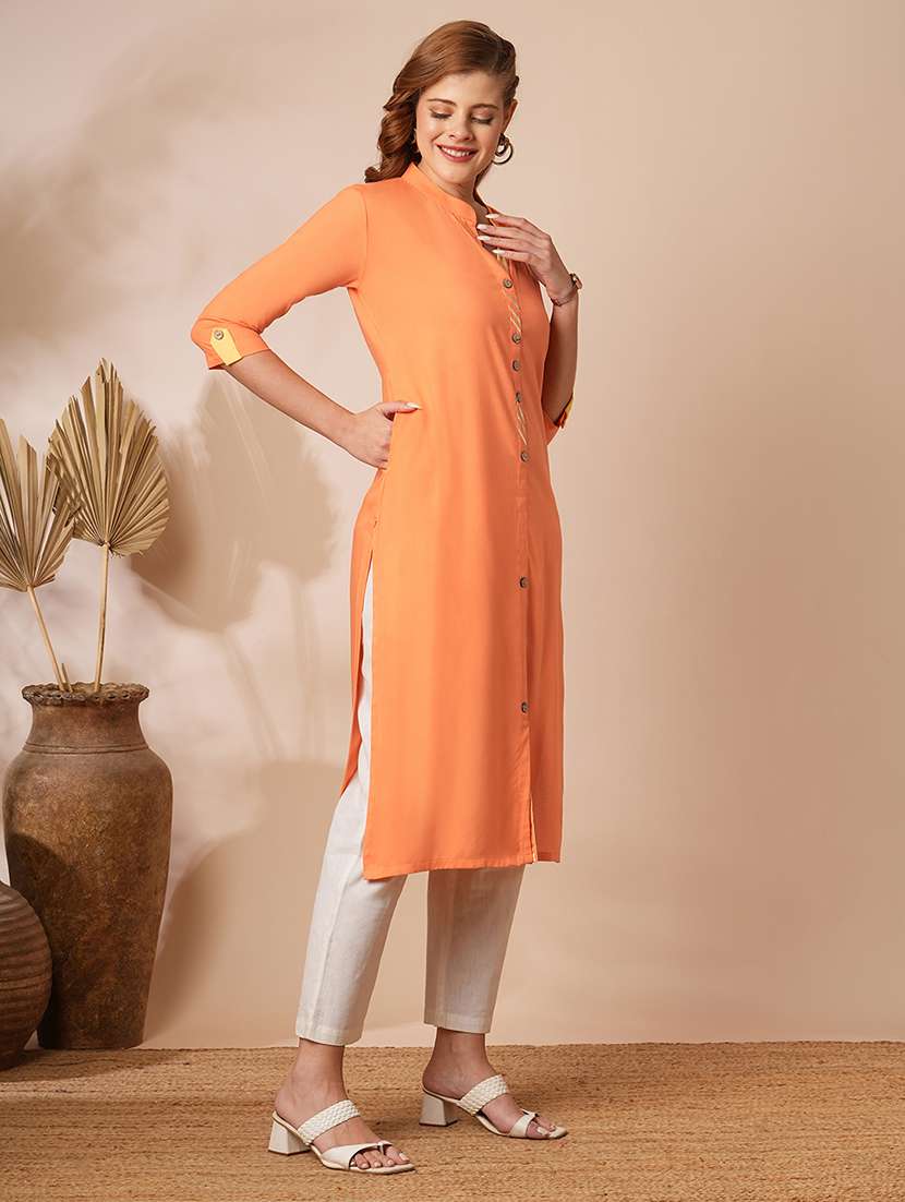 women solid three quarter sleeve straight kurta - 21707204 - Standard Image - 1