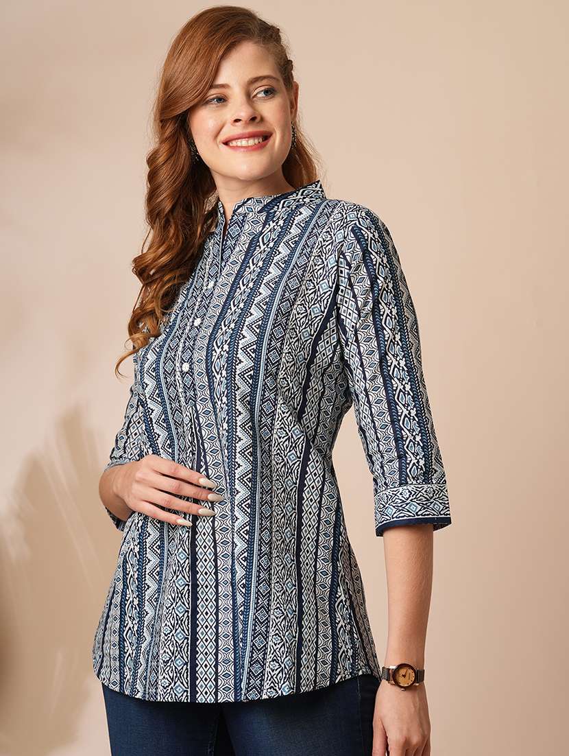 women printed three quarter sleeve straight top - 21707213 -  Standard Image - 1