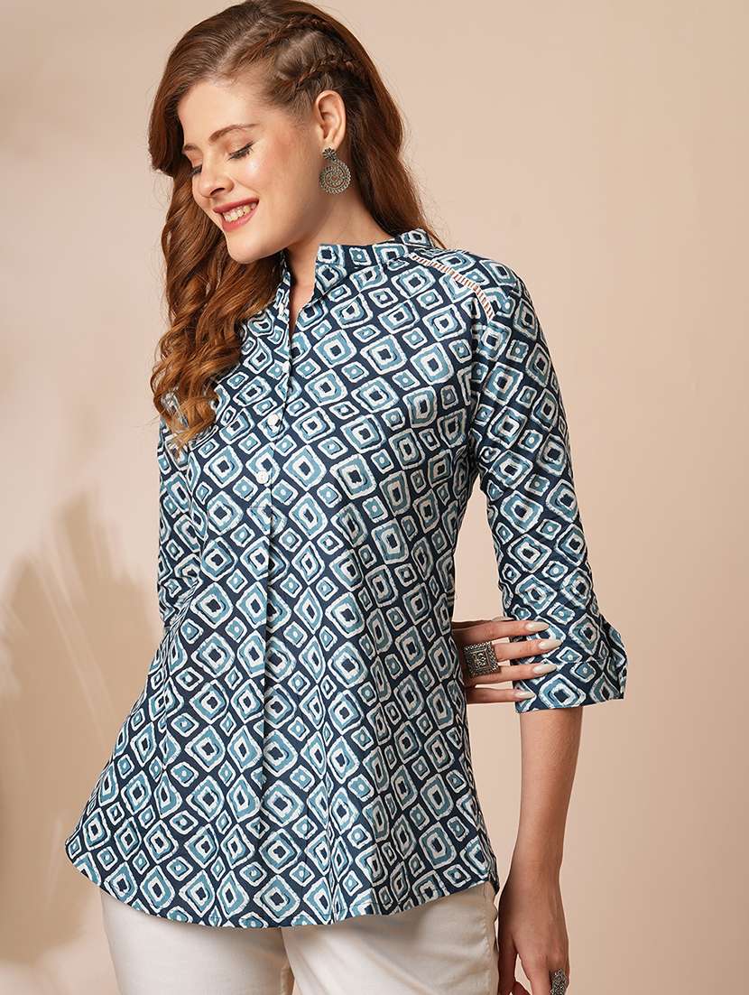 women printed three quarter sleeve a-line top - 21707215 -  Standard Image - 1