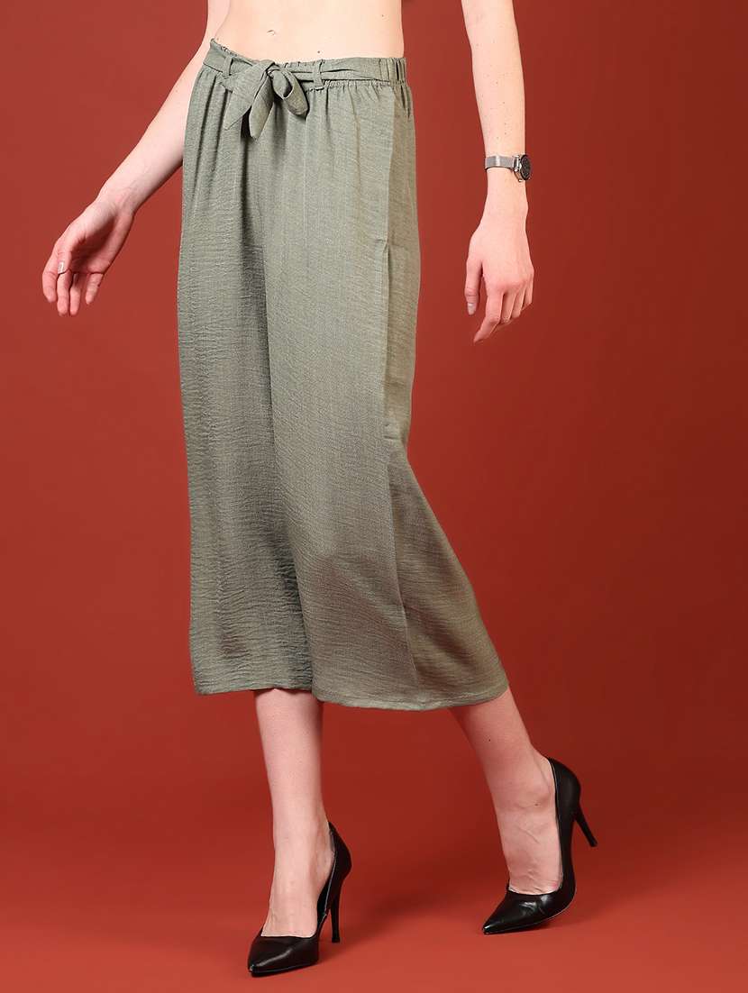 women olive solid mid rise culottes - 21707375 - Standard Image - 1