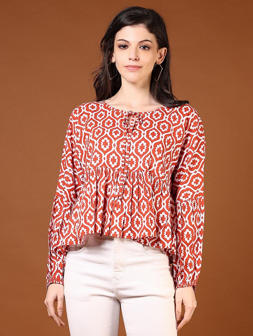 women rust printed long sleeve flared top - 21707438 - Standard Image - 1