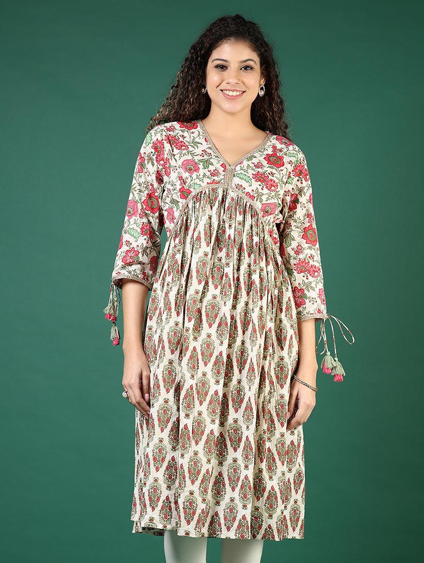 women floral three quarter sleeve flared kurta - 21707441 - Standard Image - 1