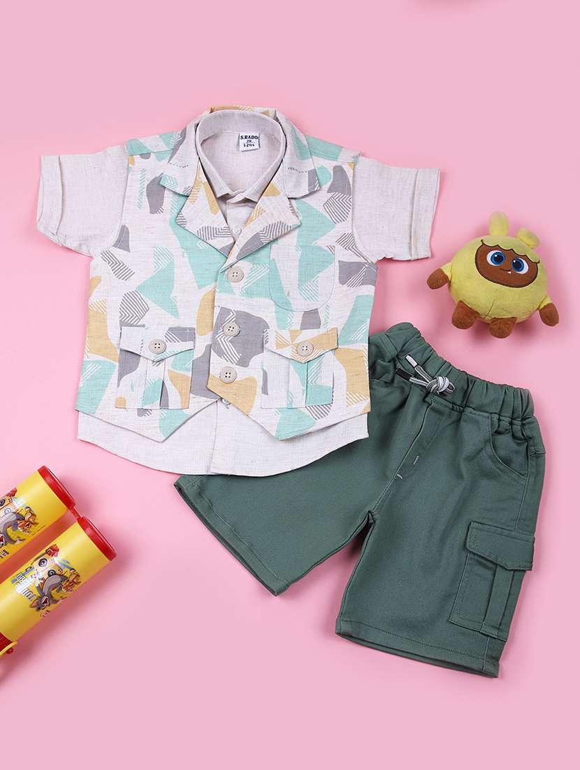 boys printed shirt and shorts with waistcoat 