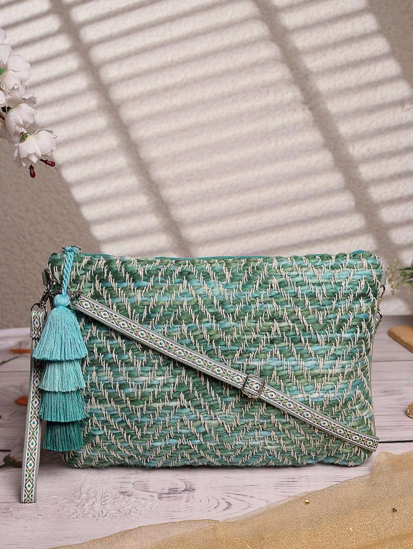 women green self design sling bag