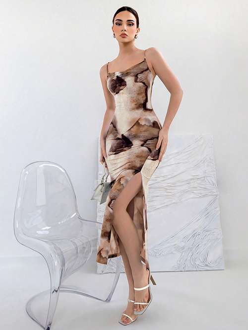 women printed cowl neck ruched bodycon dress - 21707603 -  Standard Image - 0