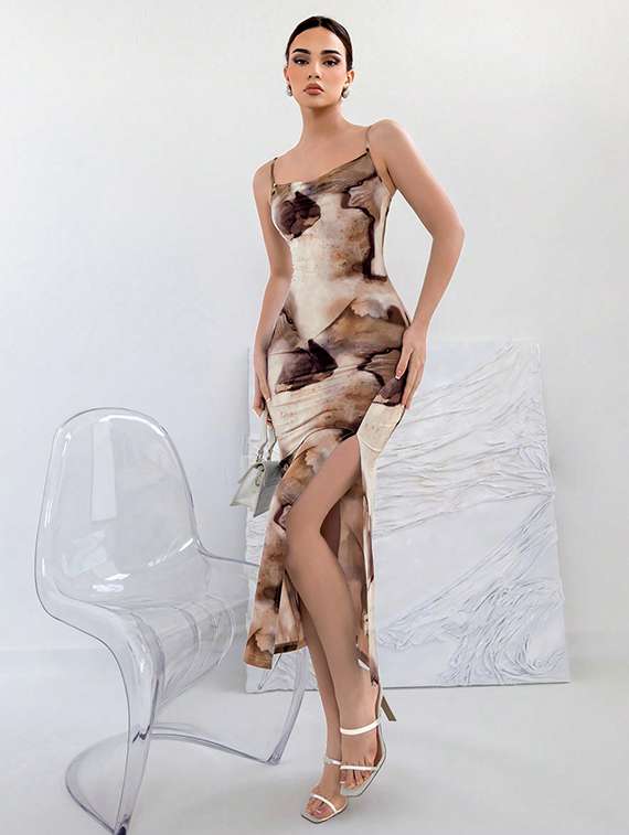 women printed cowl neck ruched bodycon dress
