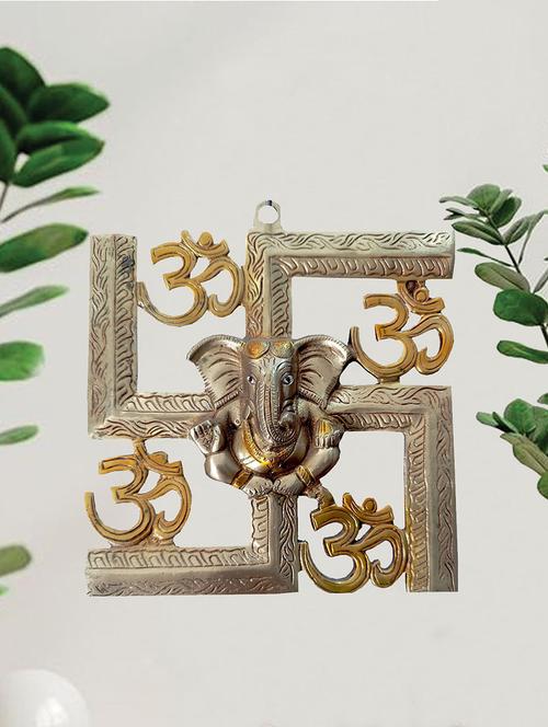 vidixn brass lord ganpati on om swastik wall hanging decorative showpiece for ganesh utsav, home decor, living room wall décor - 21707822 - Standard Image - 0