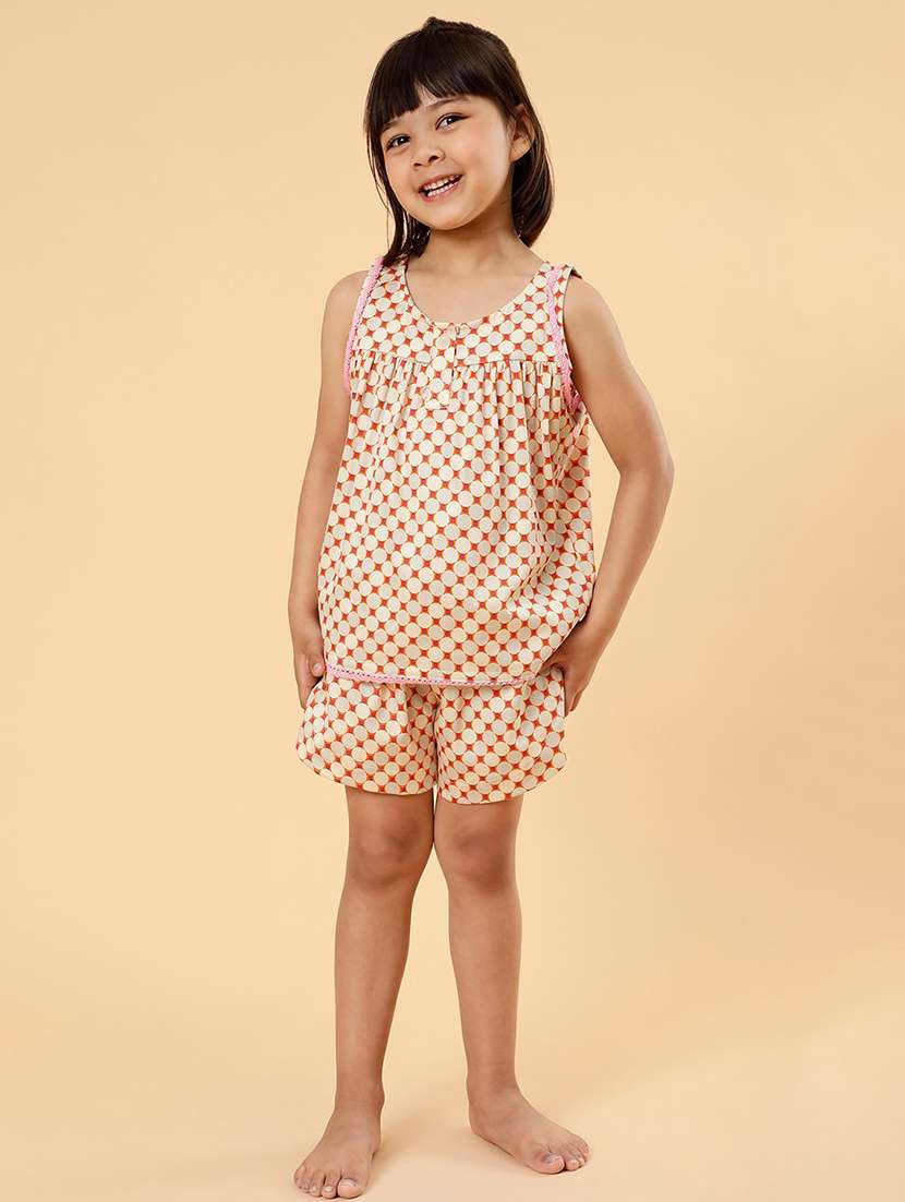 girls printed round neck shorts sets