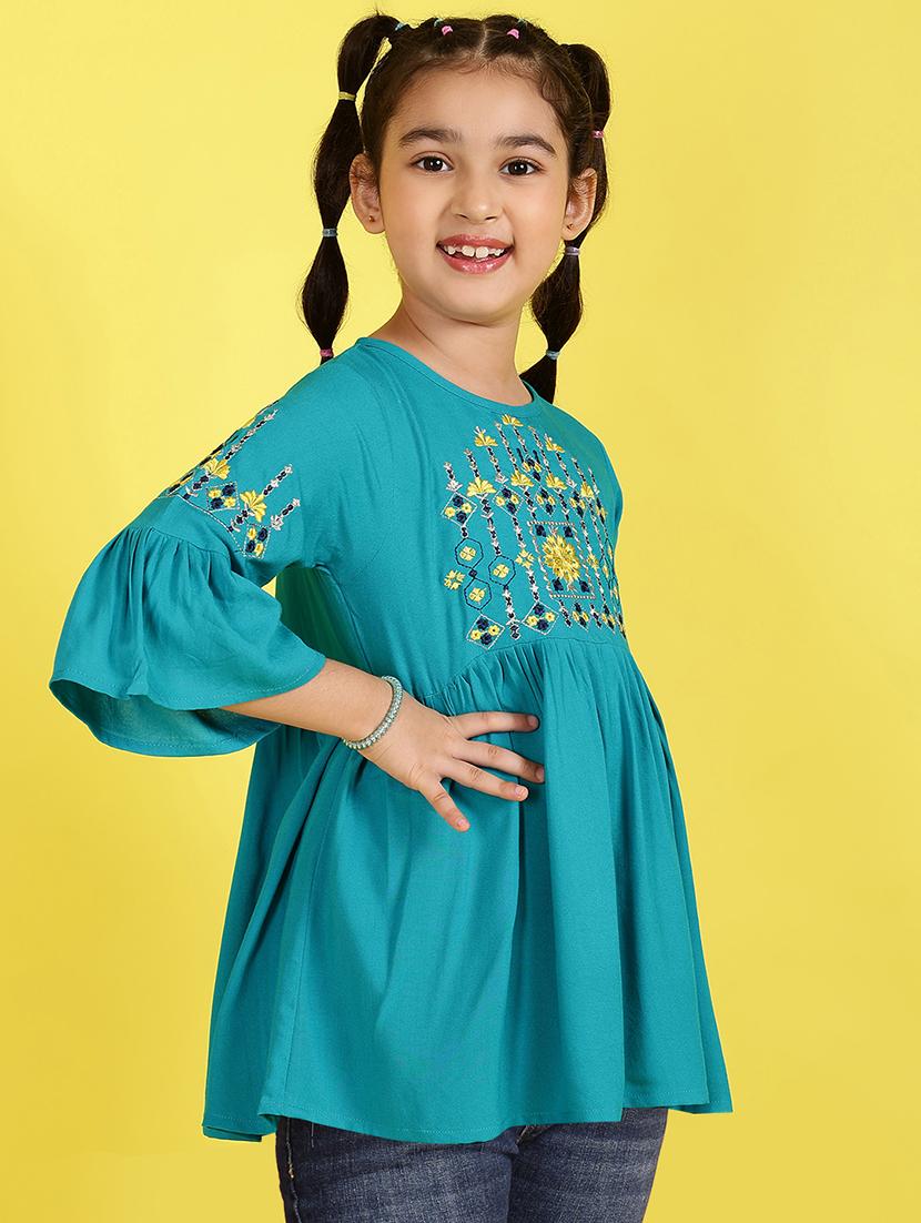 girls embroidered three quarter sleeve flared kurti - 21708029 -  Standard Image - 1