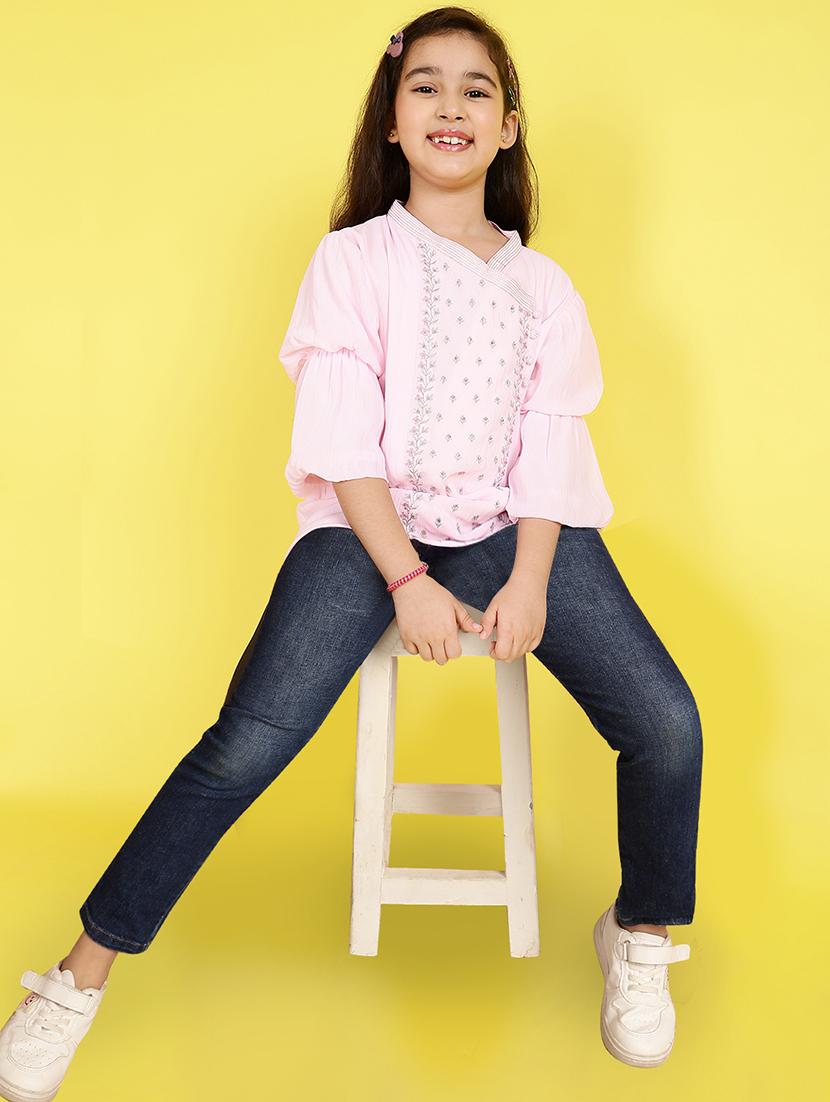 girls embroidered v neck top - 21708044 - Standard Image - 4