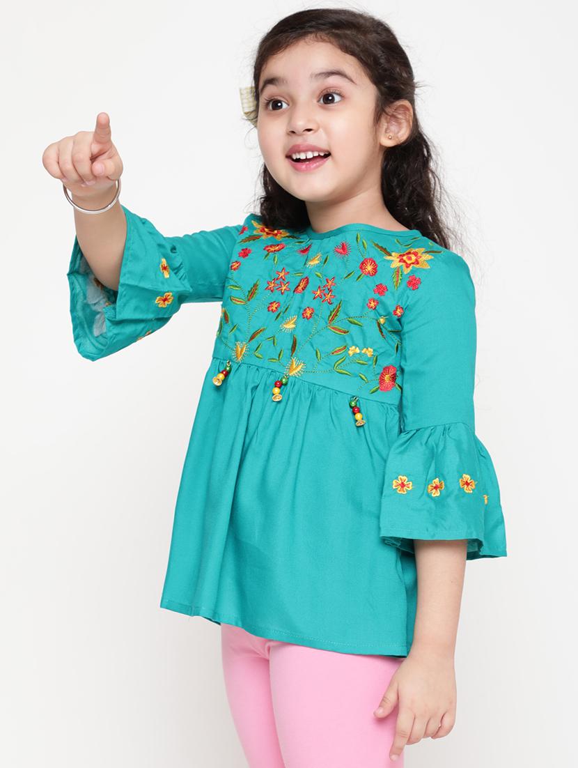 girls embroidered three quarter sleeve top - 21708058 - Standard Image - 1