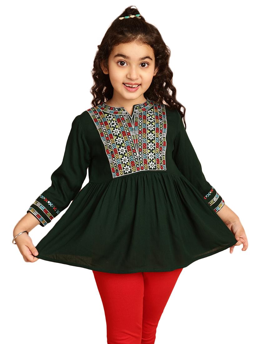 girls embroidered three quarter sleeve flared kurti - 21708070 -  Standard Image - 1