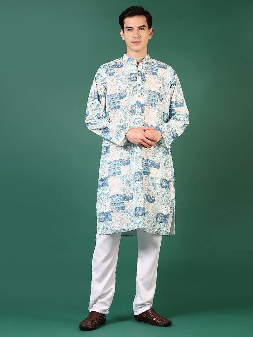 men printed long sleeves kurta pyjama set