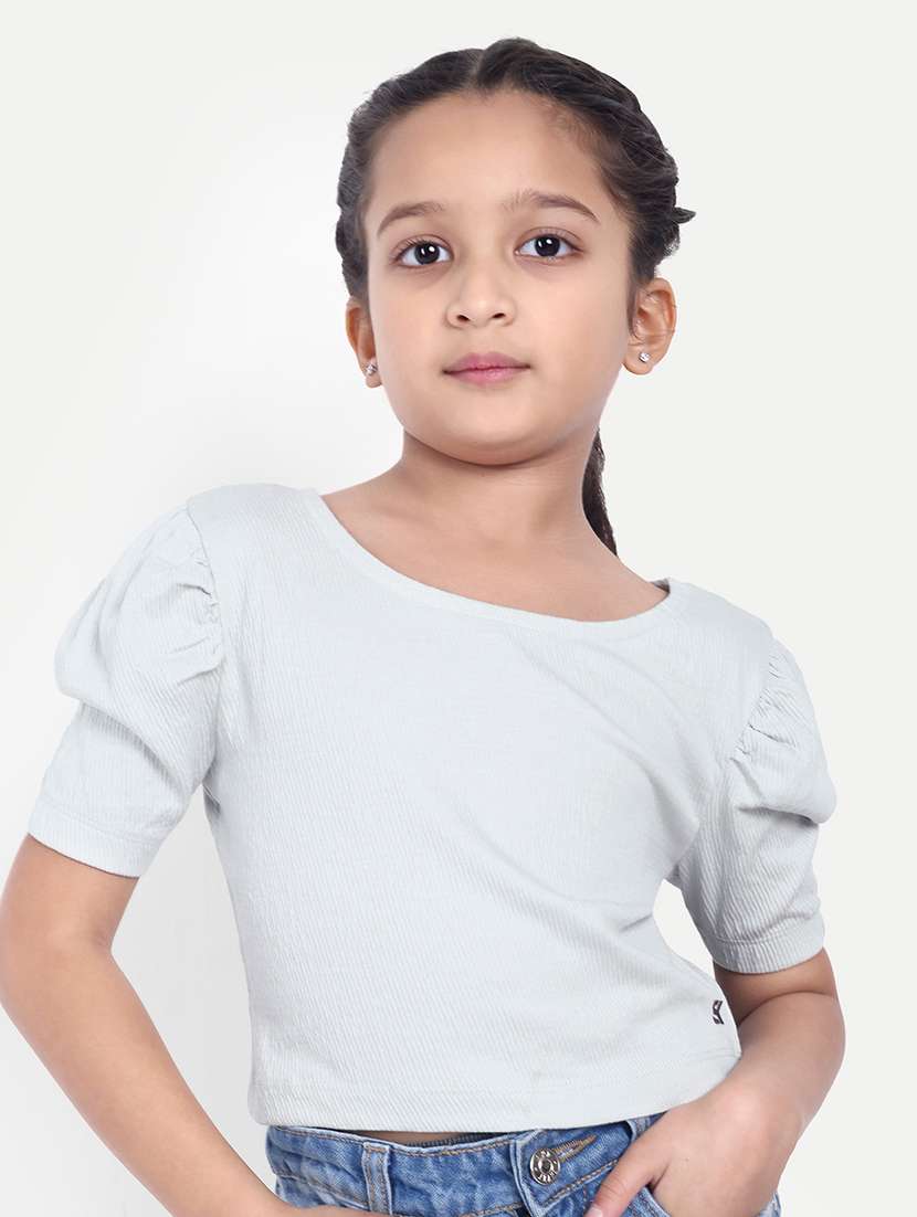 girls solid puff sleeves crop top