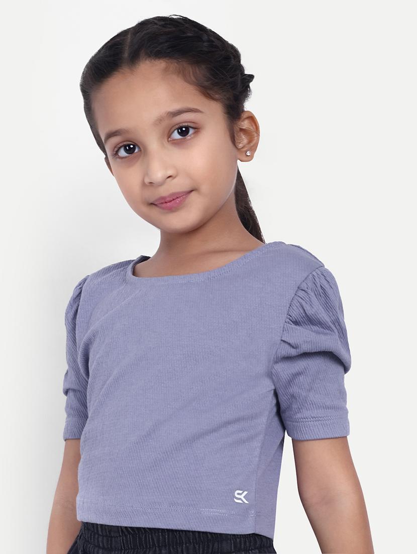 girls solid puff sleeves crop top - 21708607 -  Standard Image - 1